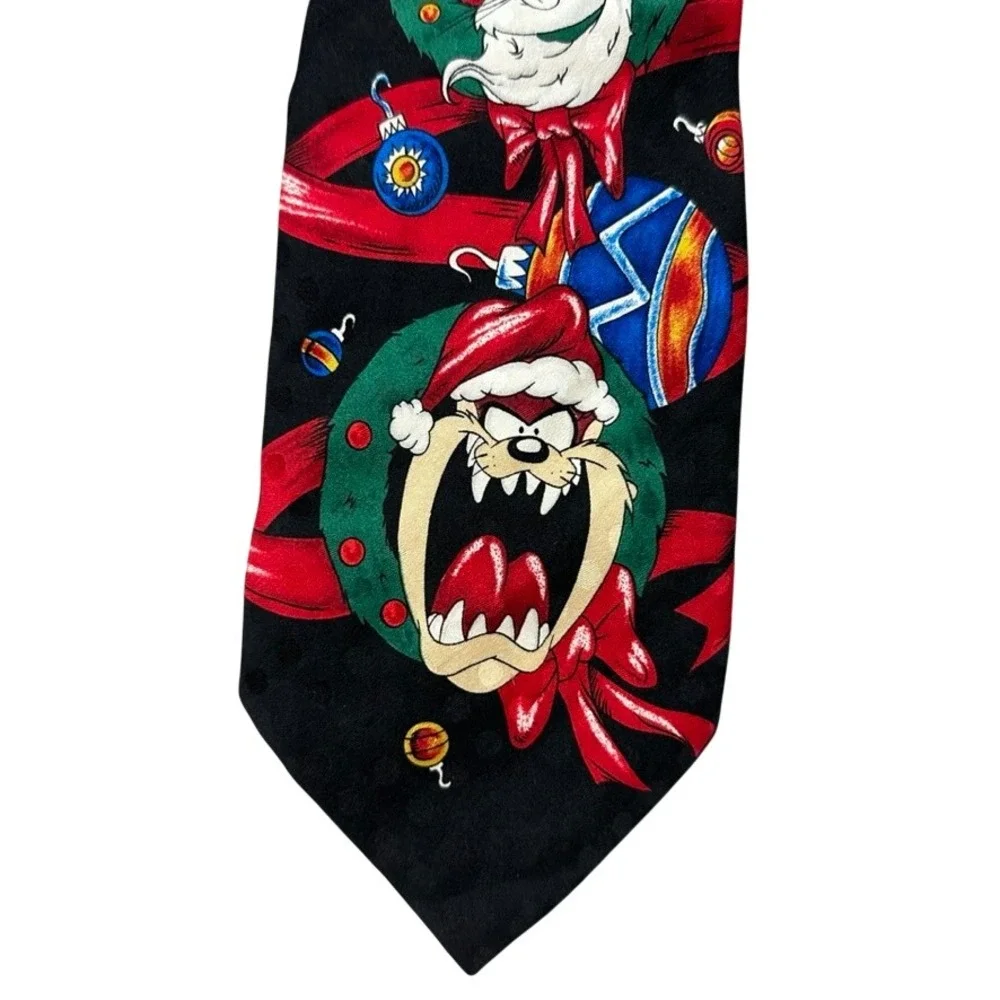 Vintage 1996 Looney Tunes Tasmanian Devil Taz Christmas Silk Tie Black Holiday